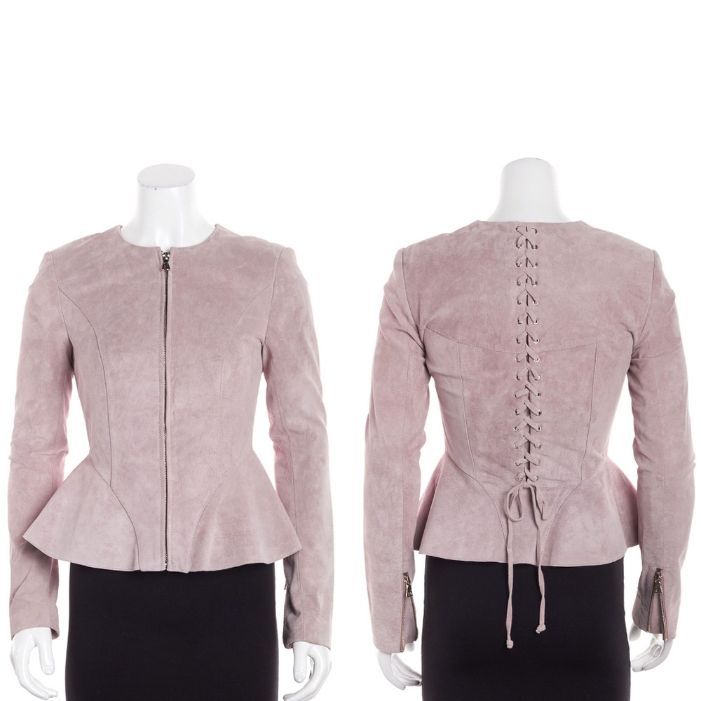 intermix • sofie pink blush rose suede lace up peplum fitted zip jacket